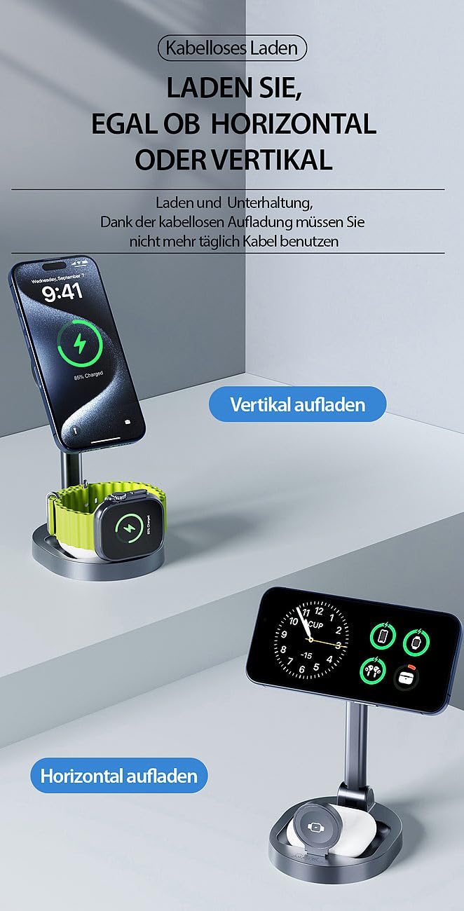 Callstel iPhone Schnellladegerät: 4er-Set 3in1-MagSafe-Ladestationen für iPhone, Apple Watch und AirPods (MagSafe Charger Stand, Dockstations)