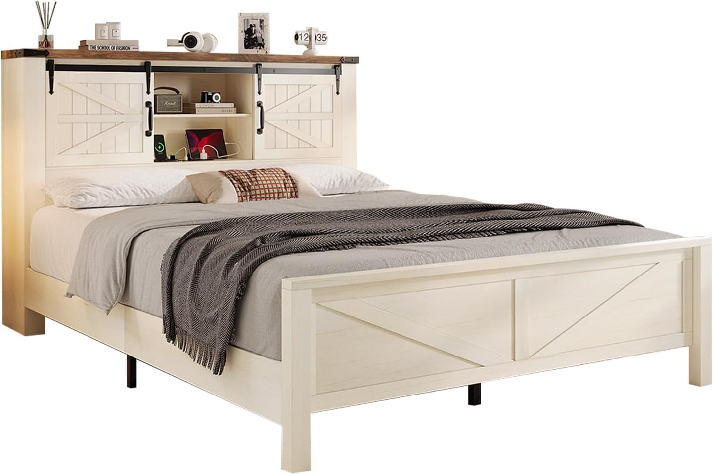 LUXOAK Queen Size Farmhouse Platform Bed, Storage Bookcase Headboard with Sliding Barn Doors, Built-in Charging Station & Adjustable Shelves, Sturdy Frame, No Box Spring Required, Antique White