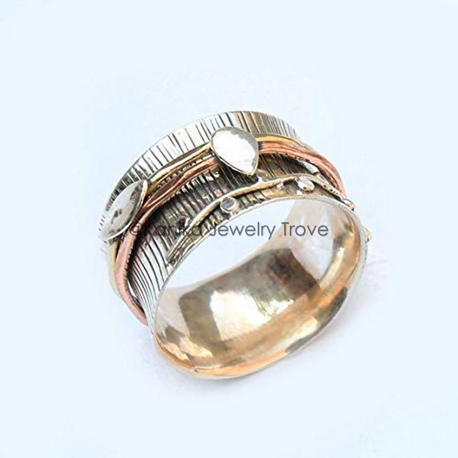 Einzigartige Textur Spinner Ring Angst Ring für Meditaion, 925 Sterling Silber Band, Messing und Kupfer Spinner Ring für Frauen, Geschenkring zum Muttertag (Größe 7)