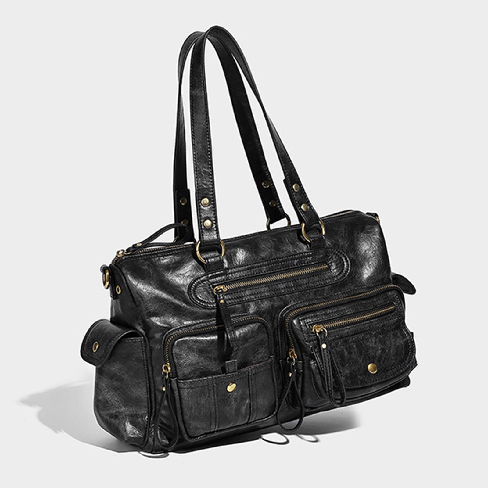 Borsa a tracolla da donna in PU stile anni '90 con tasche multiple borsa retrò con cerniera a tracolla per viaggi, nero+marrone