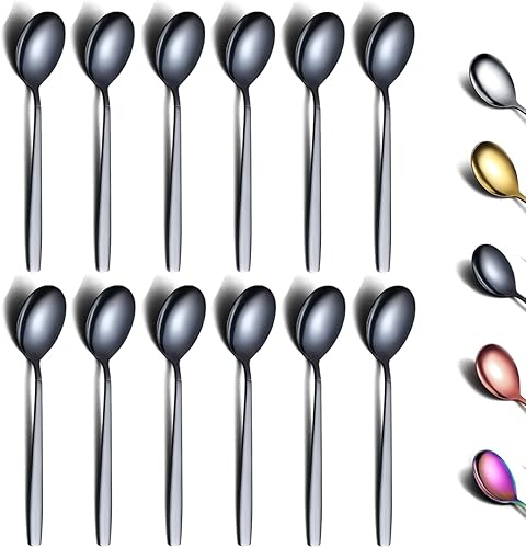 Berglander Juego de 12 cucharaditas negras de 6.3 pulgadas, acero inoxidable chapado en titanio negro brillante, cucharas de té, cucharas de té