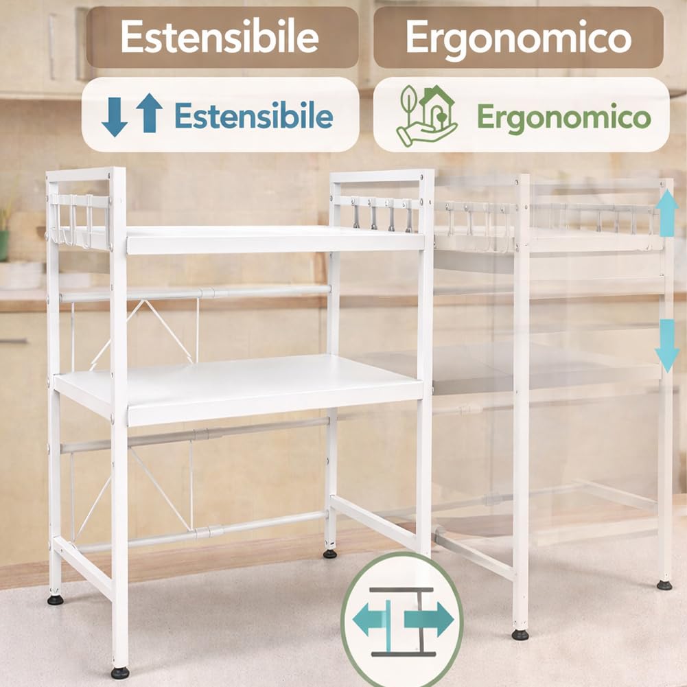 Shally Dogan Estante Extensible para microondas de Acero para Ahorrar Espacio, estantería Doble con 2 estantes para Especias, Mueble Organizador con Ganchos y Patas Antideslizantes, diseño Moderno