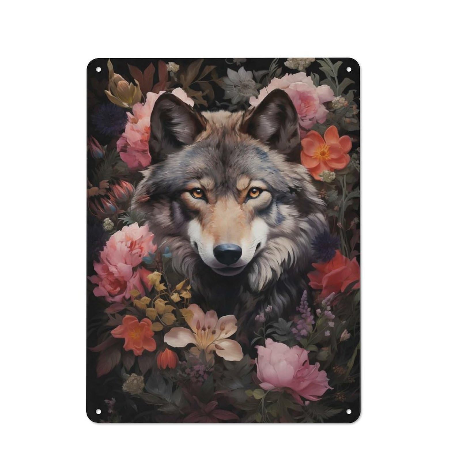 Junmoney Style-15 Vintage Metal Plaque 40X30cm Featuring Wolf Flowers For Hallway Wall, For Wall Display Collectors