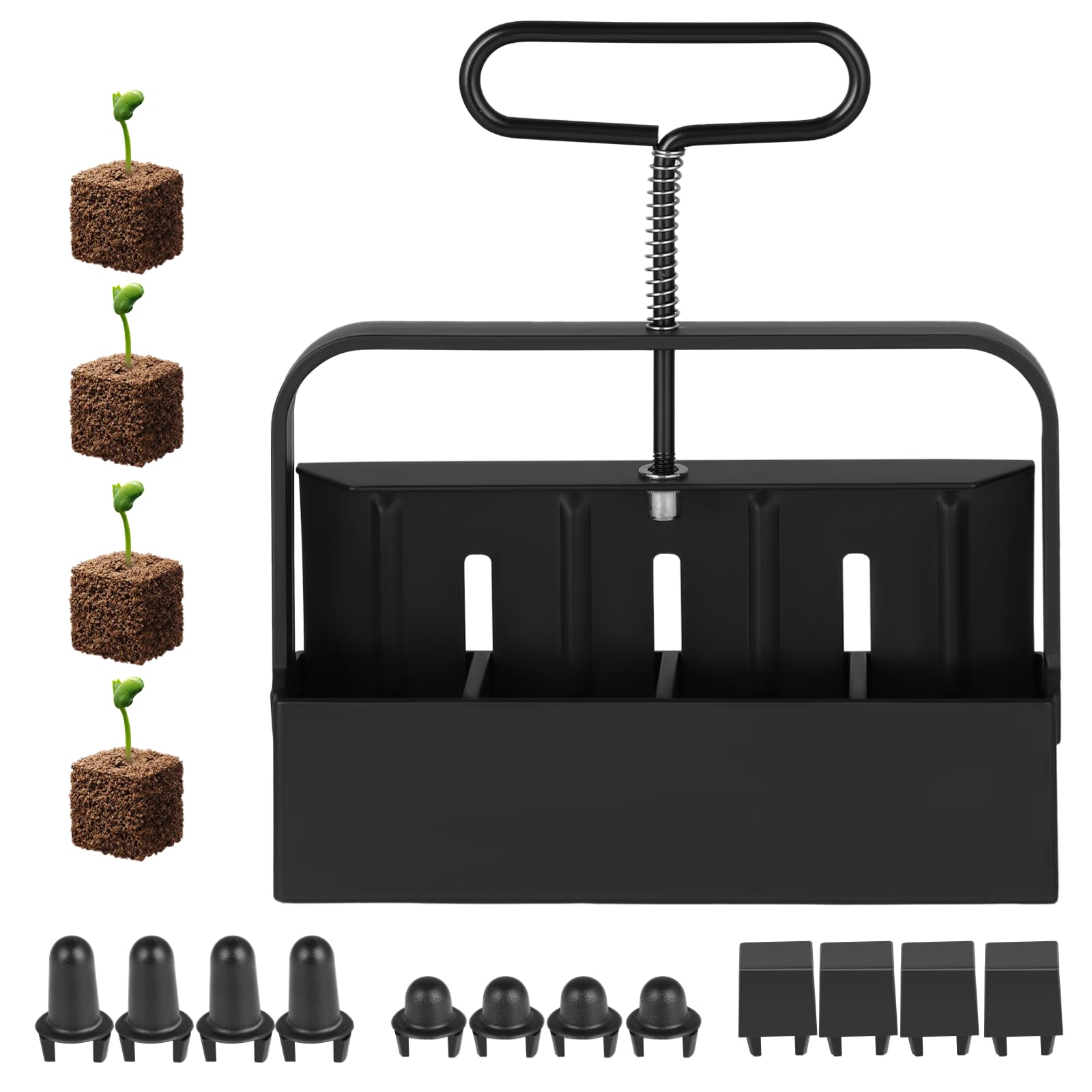 Soil Blocker, Soil Block Maker, 4-Cell Soil Block Maker with Spring-Loaded Handle, 2-Inch Aluminium Alloy Soil Cube Maker with 12 Seed Plugs for Garden, Farm, Mini Greenhouse