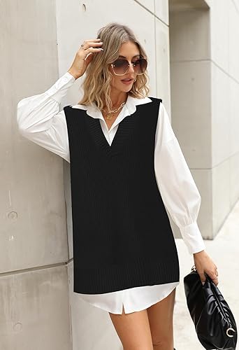 Vista 6 de Viottiset - Chaleco de punto con cuello en V y mangas sin costuras para mujer, tipo túnica, extragrande