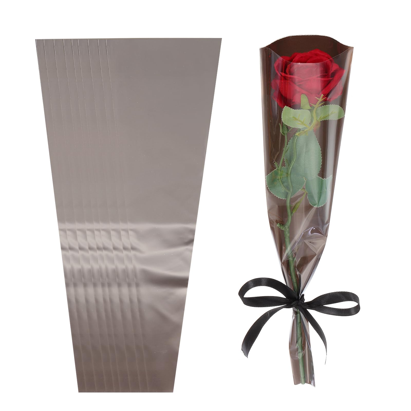 PATIKIL 100 Pack Flower Wrapping Bag, Black Floral Packing Sleeves with Ribbons Cute for Bouquets Wedding Birthday Graduation Anniversary Arrangement Gift, 17.7"x4.7"x1.2"