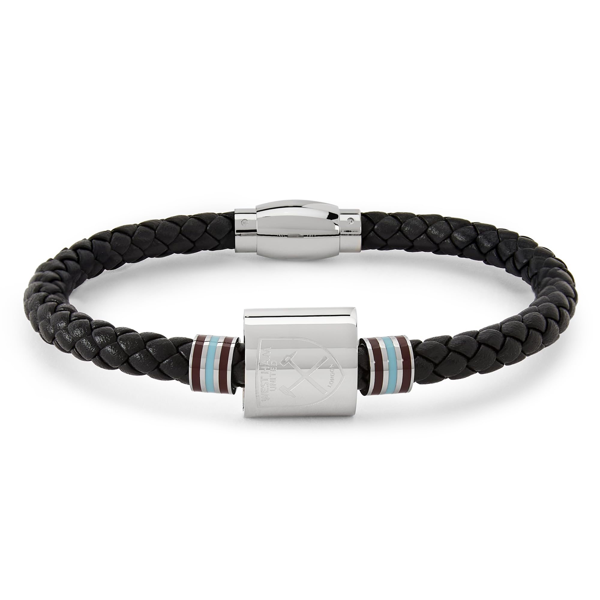 Official Club Merchandise West Ham United FC Bracelet, Stainless Steel and Leather with Coloured Rings, Official Hammers Gift