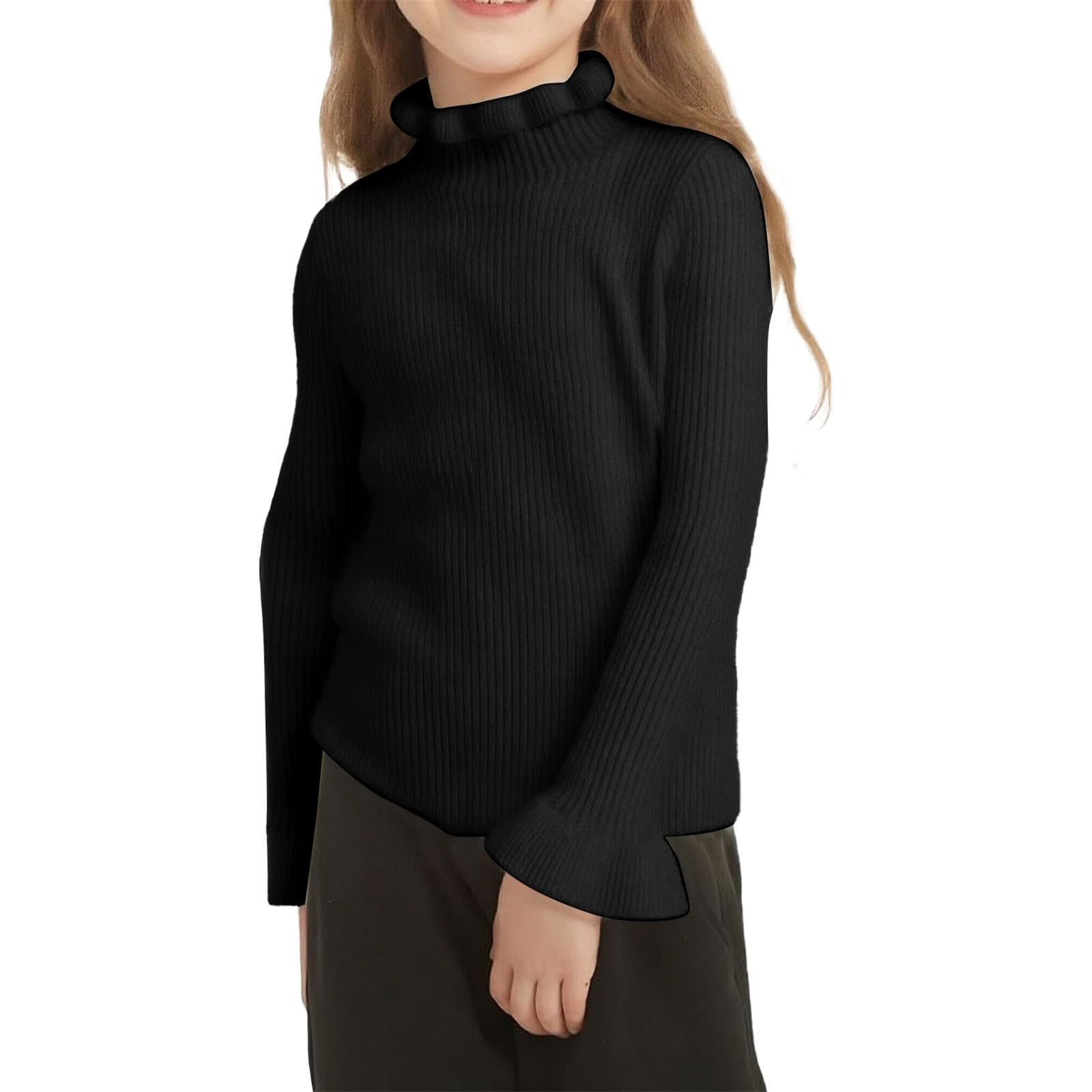 Camisetas de manga larga con cuello alto para niñas, con volantes, de punto acanalado, cómodo, suave, suéter cálido de invierno