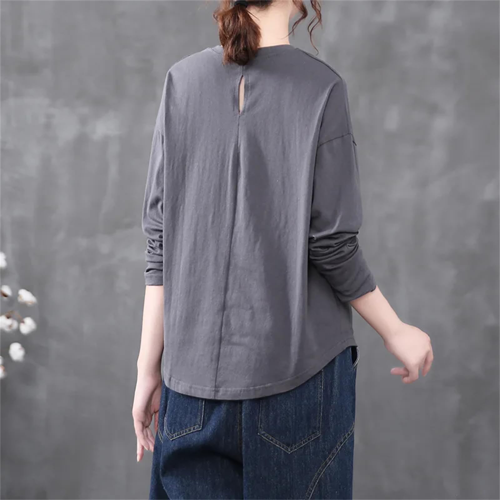 Camisetas de manga larga con cuello redondo y manga larga para mujer, color liso, holgadas