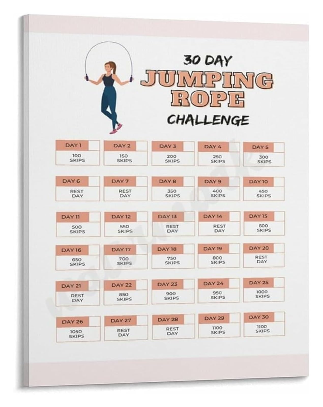 MDBJTCYZN 30 Day Jump Rope Challenge Poster Workout Progress Cardio Fitness Calendar Home Gym Wall-Art(Framed,08x12inch(20x30cm))