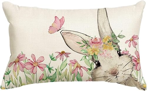 AVOIN colorlife Funda de almohada de conejo con guirnalda floral de Pascua 12 x 20 pulgadas decoración de conejo de primavera para sofá