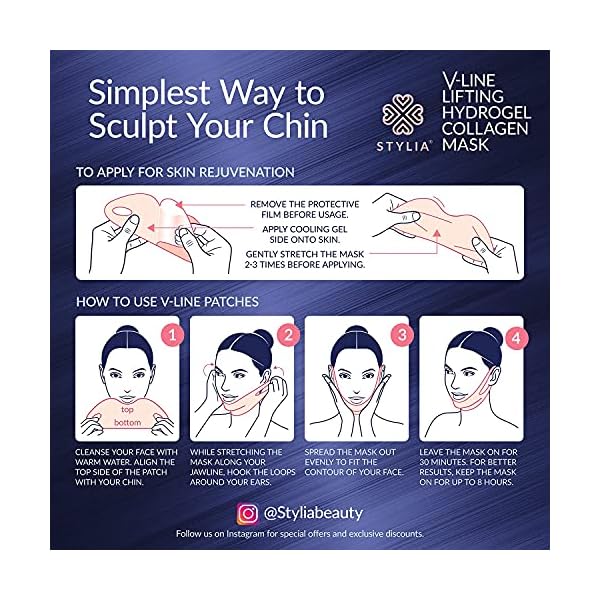 10-Piece-V-Line-Shaping-Face-Masks--Lifting-Hydrogel-Collagen-Mask-with-Aloe-Vera--Anti-Aging-and-Anti-Wrinkle-Band-Double-Chin-Reducer-Strap-Contouring-Slimming-and-Firming-Face-Lift-Sheet Stylia V-Line Lifting Collagen Face Mask with Hyaluronic Acid & Aloe Vera - Spa Quality Double Chin Strap - Collagen Mask for Women - Jawline Shaper Face Lift Tape - Chin Strap for Sleeping - 10PC