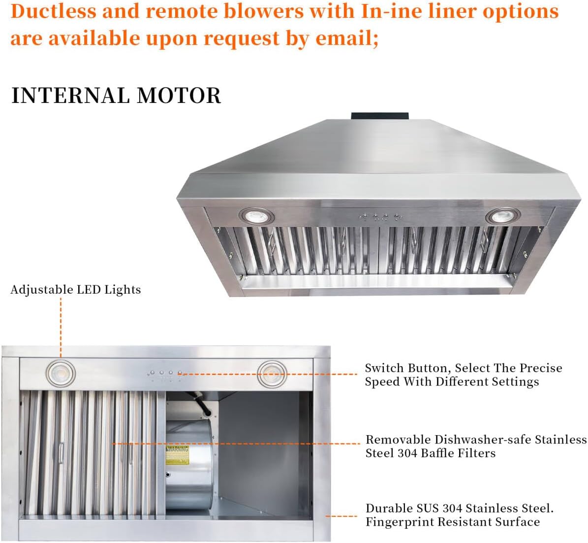 SINDA Stainless Steel Range Hood Metal Handmade Custom Kitchen Hood with Vent Hood Insert LED Light Baffle Filter 36"W x24"D x30"H Wall Mount Brushed