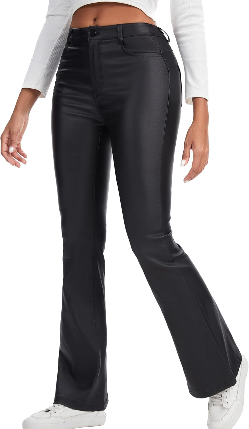 Zebaexf Faux Leather Flare Pants Bell Bottom Pants Sexy Legging for Women - Image 3