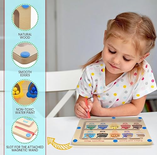 Miniatura 5 de ADRGP Laberinto magnético de color y números, juguete Montessori, juguete de habilidades motoras finas, tablero de rompecabezas de madera a juego