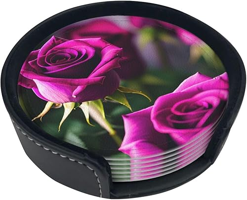 Purple Roses Leather Coasters for Drinks Set of 6 for Tabletop Protection, Elegant Home Decor & Housewarming Gift