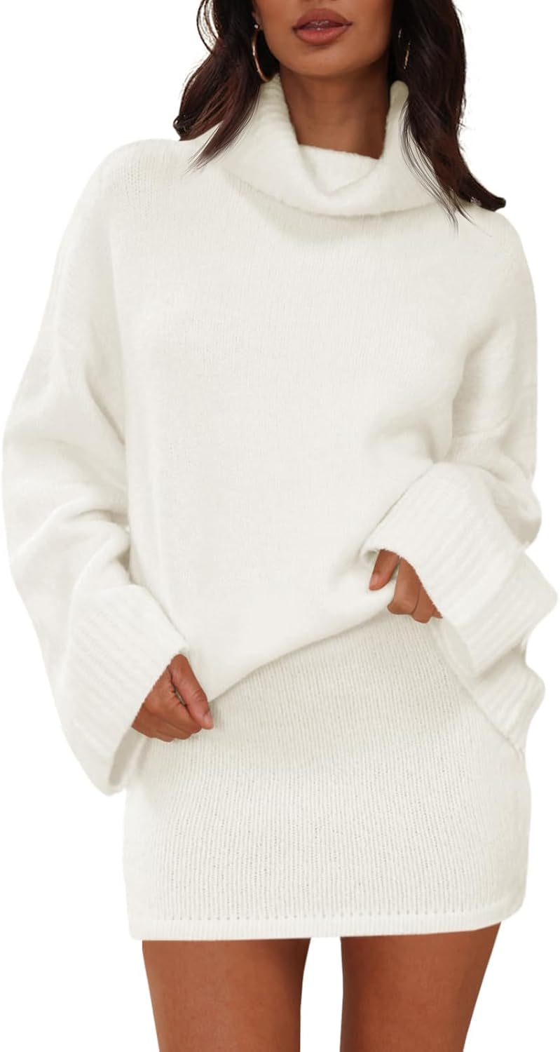 Langwyqu Womens 2 Piece Outfits Sweater Sets Turtleneck Oversized Sweaters and Mini Skirts Fall Winter Trendy Loungewear