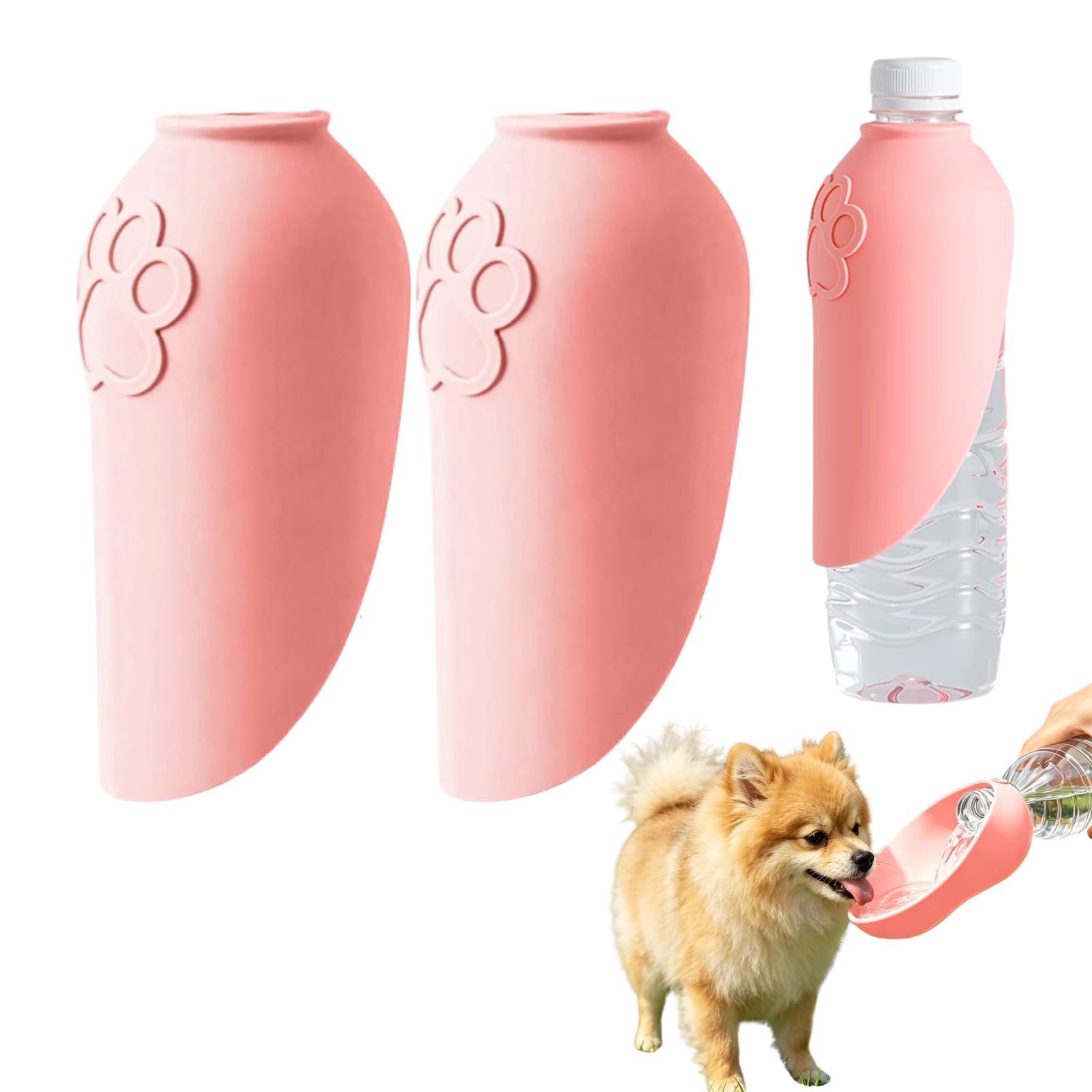 Dog Water Dispenser for Mineral Water Bottle, Silicone Universal Pet Drinking Dispenser with Hanging Rope, Portable Dog Accessories for Most Drinking Bottle, Walking, Hiking, Travel (Pink*2)