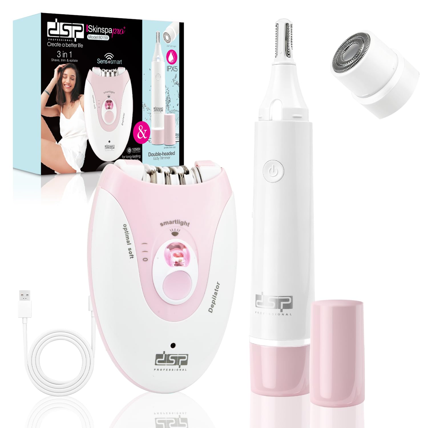 Kit Rasoio Donna & Depilatore Viso DSP 2-in-1 Senza Fili Ricaricabile | Luce Indicatore, Impermeabile IPX5, Lama Acciaio 304, Ricarica Type-C, Basso Rumore ≤70dB, Doppia Funzione