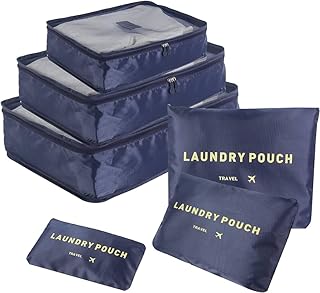 6 قطع من منظمات شنط السفر مع شنطة أدوات الزينة وقطع تنظيم شنط السفر باللون الأزرق - كحلي