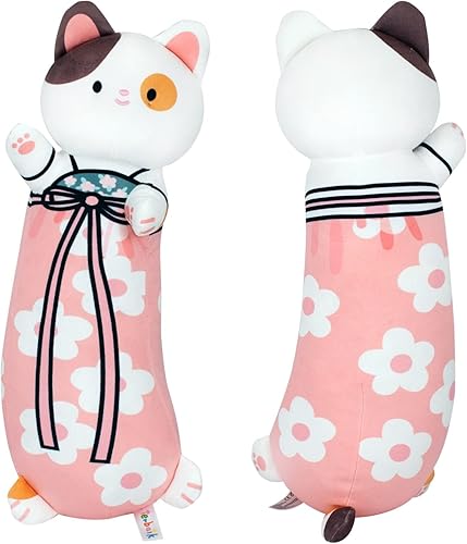 Almohada de felpa de gato de 39.4 in de largo, 40 pulgadas, bonita almohada de cuerpo de gato de la suerte naranja, suave y abrazable, peluche