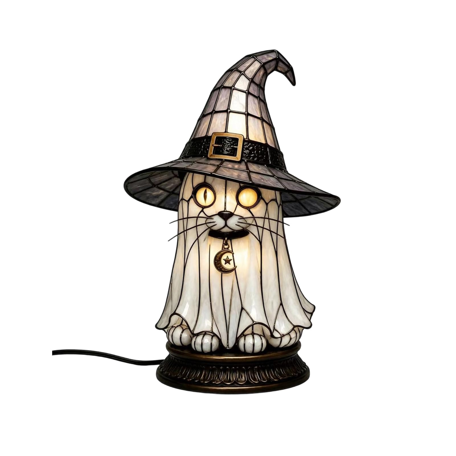 Lampa z witrażowego kapelusza czarownicy, lampka nocna na Halloween z czarnym kotem, duchem i krukiem, gotycka lampa stołowa retro z żywicy syntetycznej do sypialni, regał na książki i