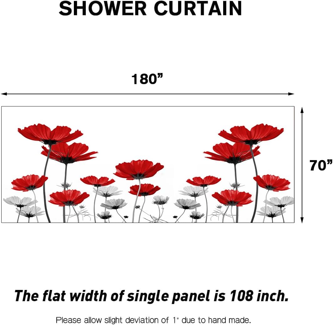 Coxila Red Floral Shower Curtain Extra Wide Large Long Clawfoot Tub Wrap Around Flower Spring Black White Grey Poppy Cute Wildflower Fun Daisy Bathroom 180 x 70 Inch Polyester Fabric 31 Pack Hooks