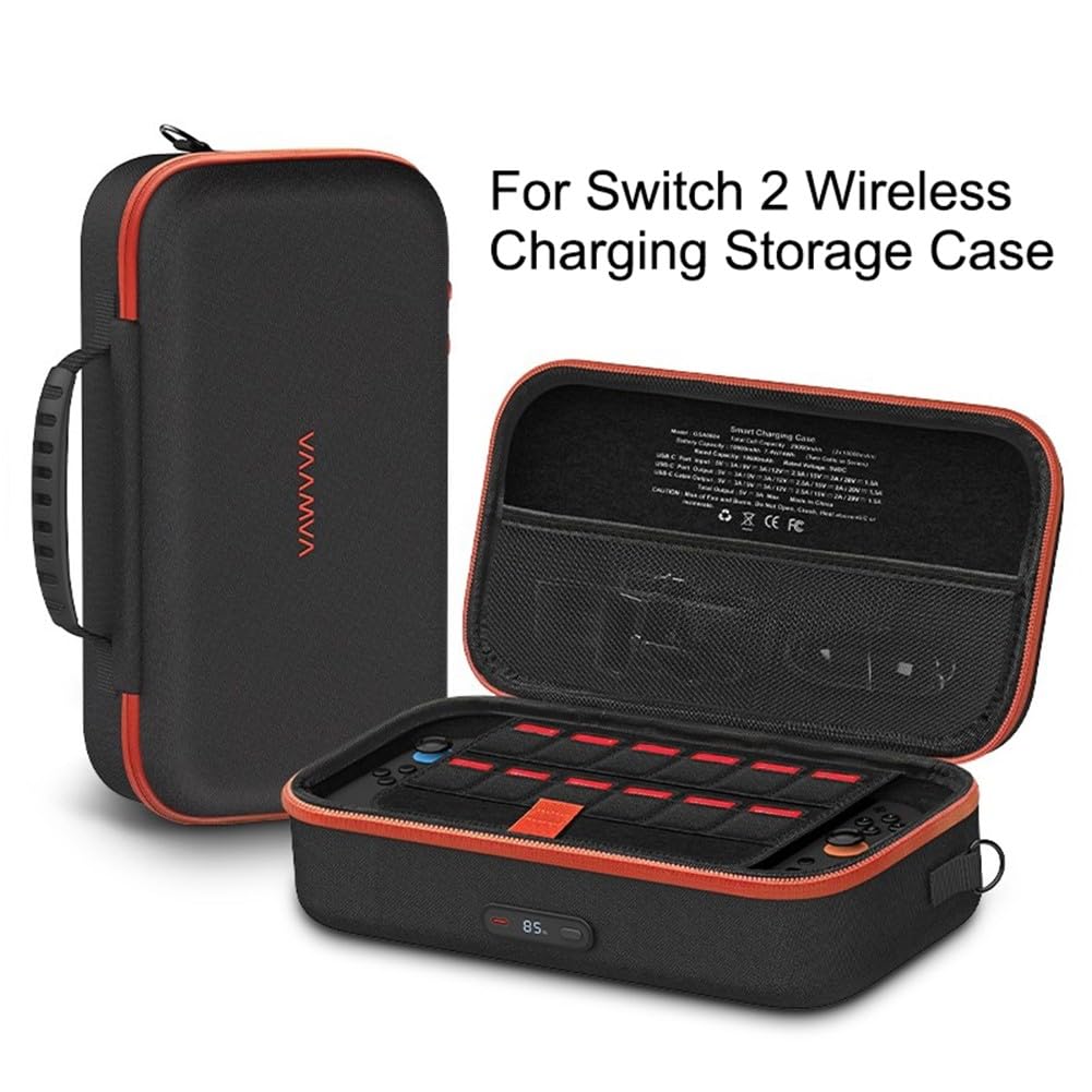 Custodia di ricarica EVA per Nintendo Switch 2 con batteria da 2000 mAh, custodia da viaggio Power Bank da 30 W, contiene 12 carte da gioco, nero