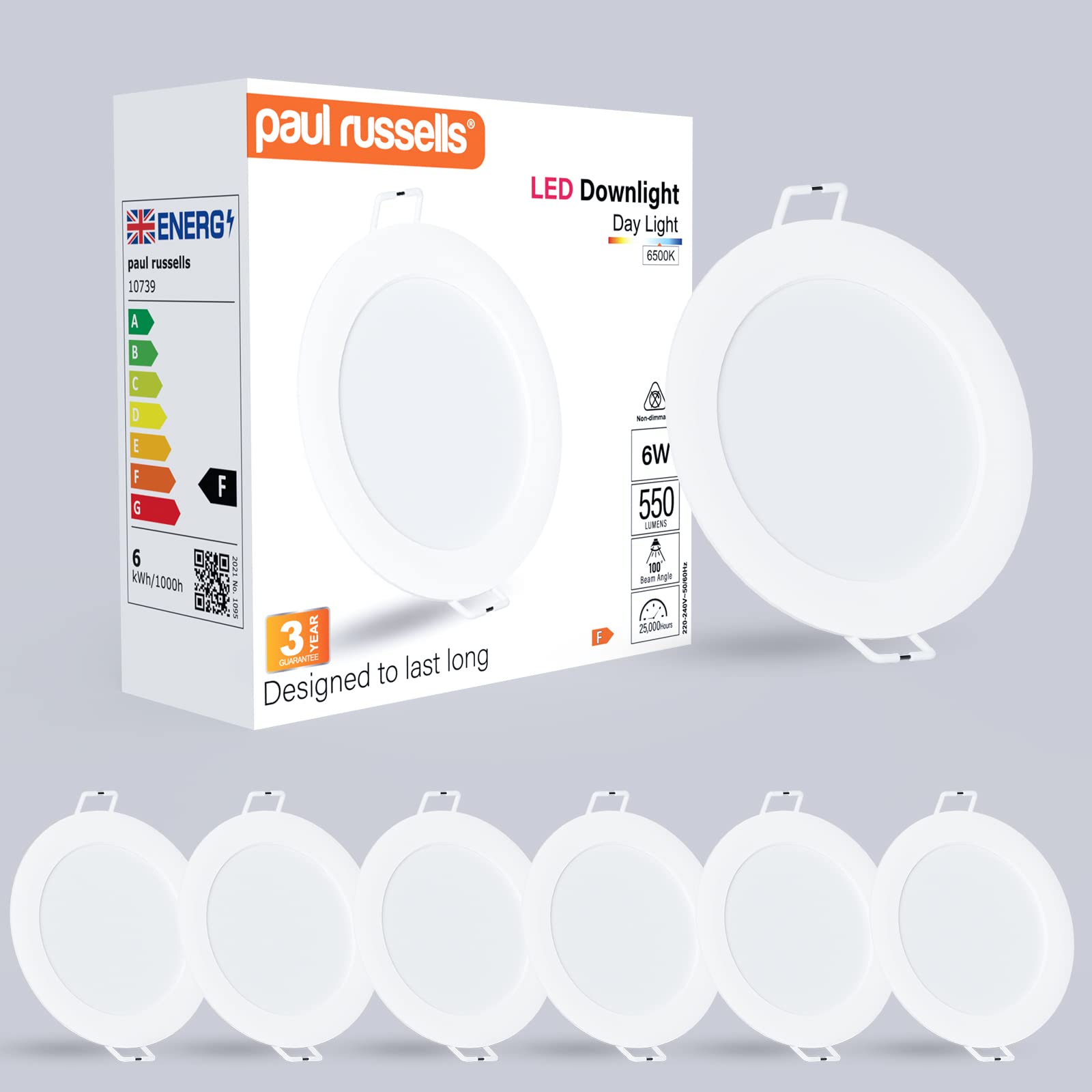 Paul Russells 6W White, Diameter 105Mm, Cutout 85-95Mm Led Ceiling Downlights, 6W Slim Recessed Bathroom Downlights, Kitchen Ceilings, 550 Lumens, 6500K Bright Daylight, Cutout 85-95Mm, Round Non-Dimmable Panel Spotlights, 6 Pack