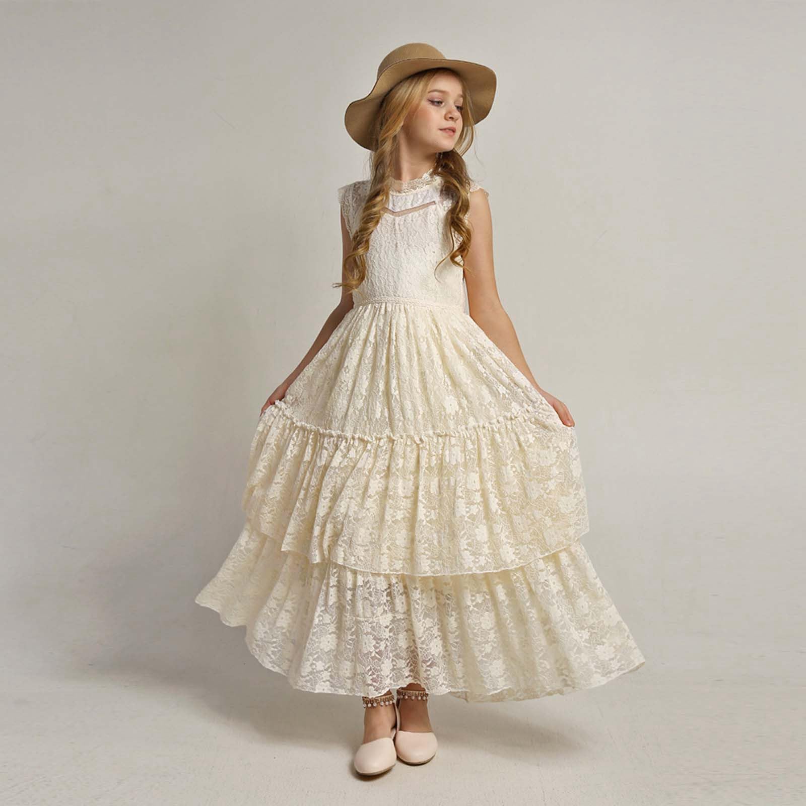 Vestito Cerimonia Bambina 4-14 Anni Elegante Lungo in Pizzo con Gonna a Strati Vestiti Eleganti Casual Cowgirl Abito Prima Comunione Abiti da Damigella per Festa, Matrimoni e Spettacoli,