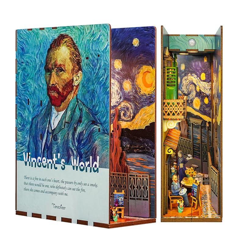 Tonecheer DIY Book Nook Kit, Puzzle 3D in Legno Adulti fai da te Libro Nook Miniature da Costruire Modellismo da Costruire, Book Scaffale Inserto Decorazione Regalo Creativo(Il Mondo di Vincent)