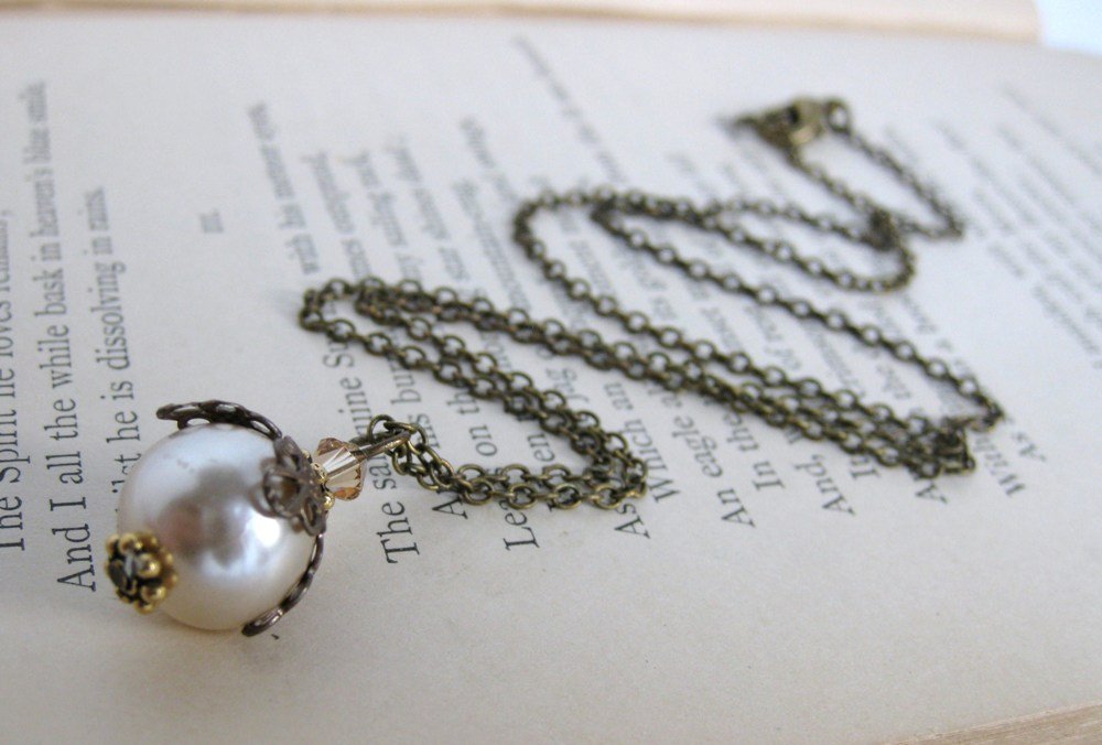Vintage Pearl Necklace Filigree Swarovski Crystal Antiqued Brass Haskell Glass Pearl. Wagner