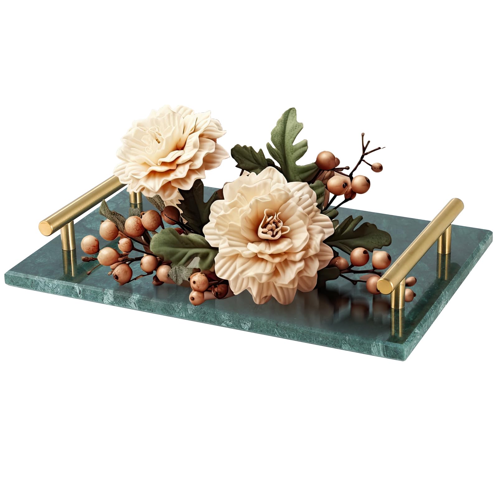 AMGSH Marble Tray, 11.8” x 7.9” Luxury Natural Marble Stone Tray with Copper-Color Metal Handles, Vanity Tray Perfume Tray Marble Cheese Board Kitchen Counter (Jade Green)