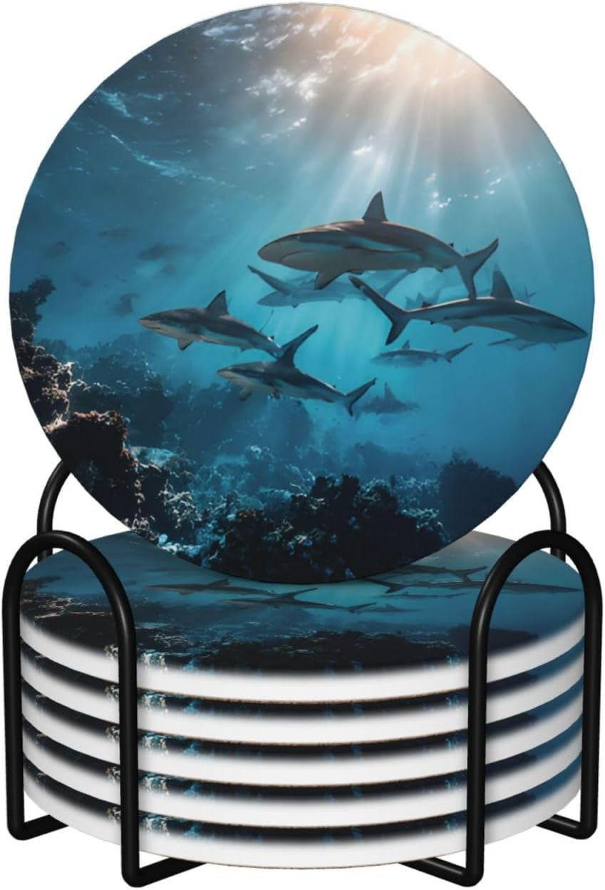 (Sharks) Ceramic Coasters Set of 6 with Holder Non-Slip Round Coffee Coasters for for Cup Mug Drink Patio Coffee Table Decor, Christmas Coasters Home Bar Supplies