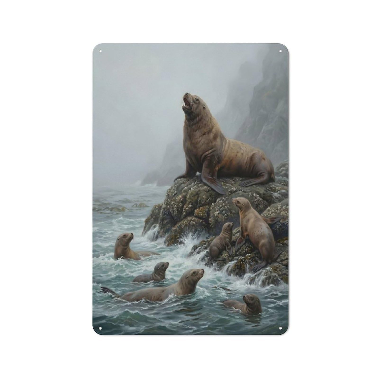 Junmoney Style-22 Sea Lions On Rocky Coast Painting Barn Style Metal Wall Decor 30X20cm, Country Metal Sign For Kitchen, Cottage, Porch Or Garden Room