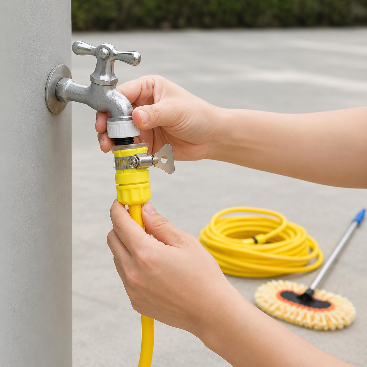 Lot 1 Mop de Lavage de Voiture à Passage d'eau, 2 raccords Rapides + Tuyau d'eau de 10 m, Manche télescopique, adapté pour SUV et Camping-Car