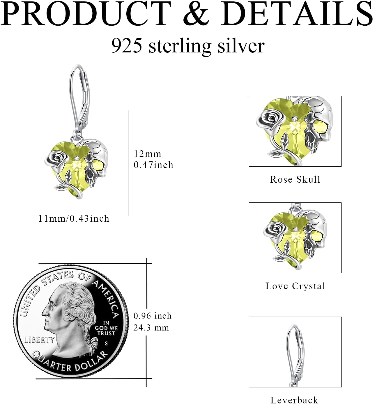 Rose Skull Earrings S925 Sterling Silver Heart Crystal Birthstone Dangle Drop Earrings Hypoallergenic Gothic Skull Leverback JJewelry Gift for Mom Daughter Wife - Image 2