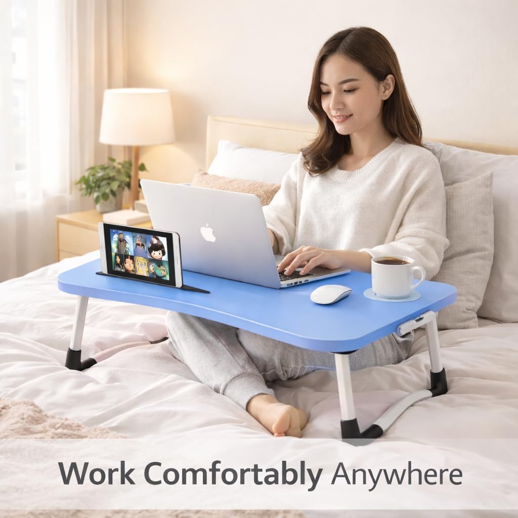 WSA Foldable Laptop Bed Desk with Cup Holder & Tablet Slot Portable Lap Desk Tray Table for Couch Sofa & Bed Large Notebook Stand for Eating Writing Studying Breakfast in Bed (Blue)