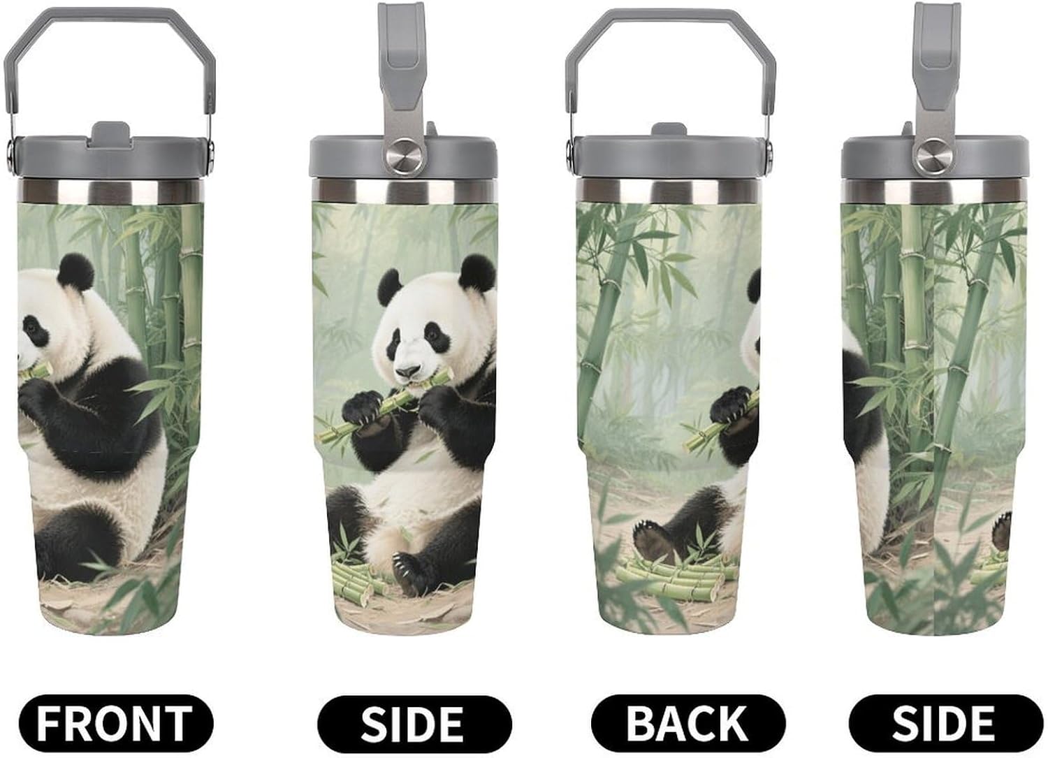 30 Oz Insulated Mug with Handle Lid And Straw Giant Pandas Eating Bamboo Pattern Large Metal Sports Bottle Great for Gifts Parties Office Coffee