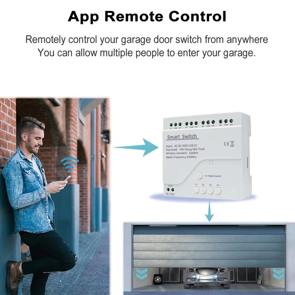 Modulo Relè 4 Canali WiFi Intelligente, Interruttore Remoto Intelligente WiFi 4CH con Controllo Remoto, Blocco Automatico, RF433
