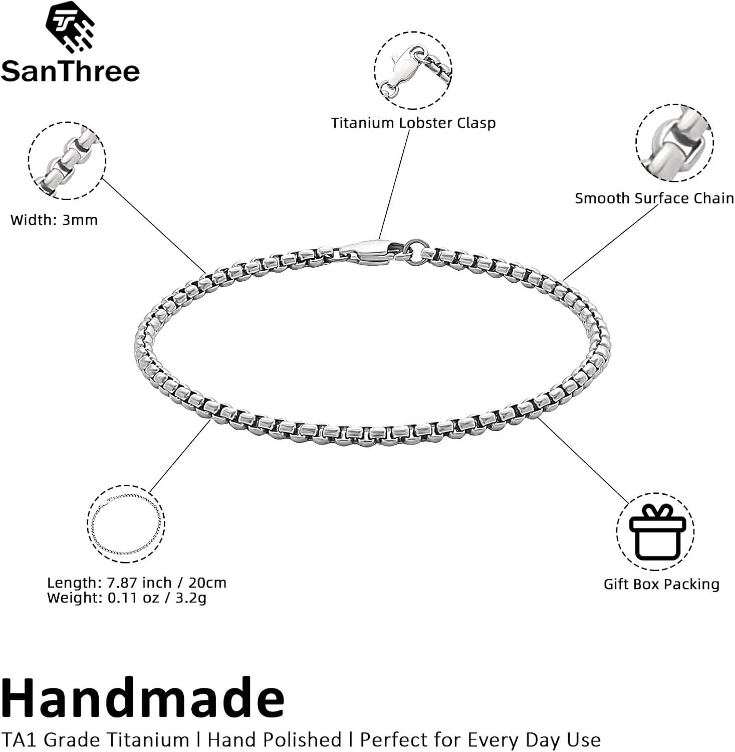 SanThree 3mm Pure Titanium Box Chain Bracelet for Men Women, Ultra Light NO Allergic Square Rolo Link Round Box Chain Bracelets Bracelets Jewelry Birthday Gifts for Father Grandpa Boyfriend, 7.87” - Image 4