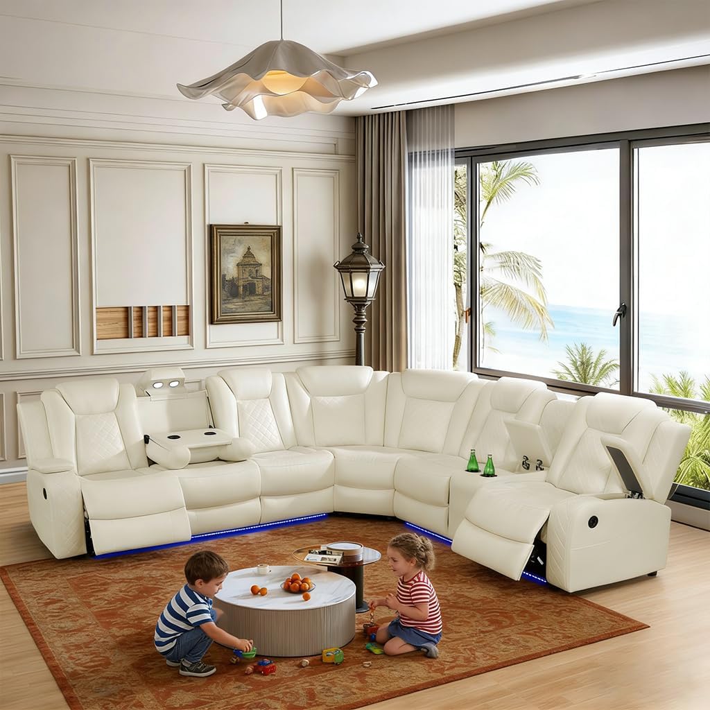 Power Reclining Sectional Sofa with LED, Leather Recliner Couch for Living Room/Home Theater, Sectional Reclining Couches with Wireless Charging/Hide-Away Storage
