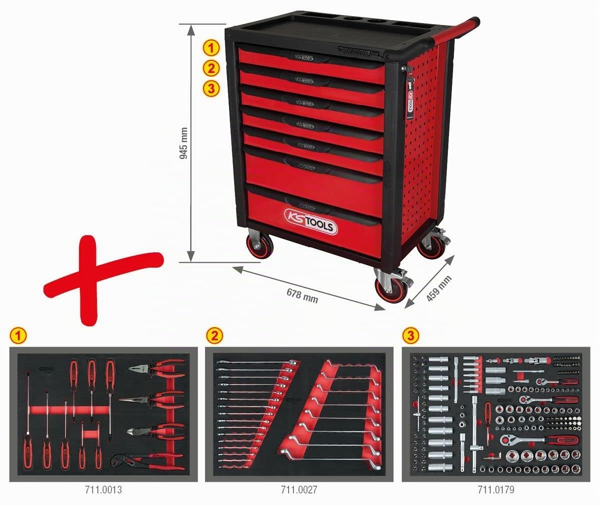 KS Tools 826.7215 RACINGline Servante d'atelier 7 tiroirs, 215 outils | Servante d'atelier RACINGline NOIR/ROUGE 7 tiroirs équipée de 215 outils, rangement atelier