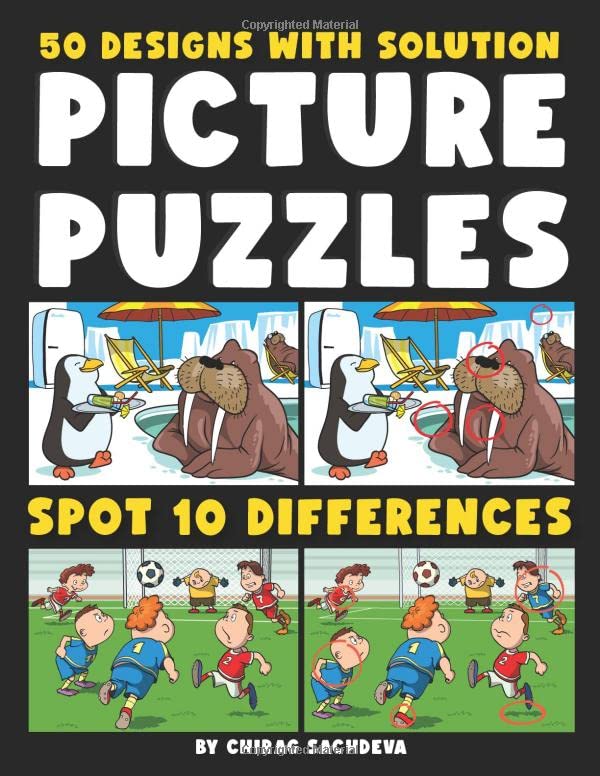 Picture Puzzles: Spot the Differences Book for Kids & Adults, 50 Colorful Cartoon Puzzles of Artworks with Solution - Activity Book.
