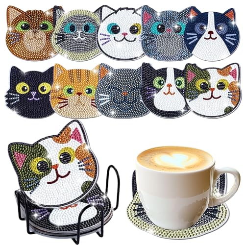 10 Stück Diamant Tassenuntersetzer,5D Diamond Painting Untersetzer Mit Halter,Diamond Painting Erwachsene zum Basteln,DIY Kätzchen Untersetzer rutschfest,Anfänger,Erwachsene & Kinder,Katzen