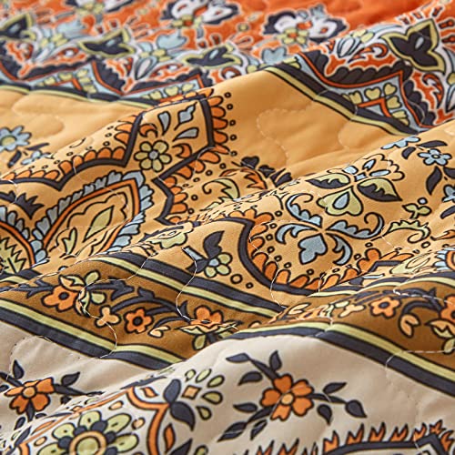 Boho Quilt Set Queen Size, Reversible Bohemian Striped Quilt Bedding Set Colorful Burnt Orange Terracotta Bedspread Soft Microfiber Coverlet 3 Pieces (1 Quilt 90"X90" + 2 Pillowcases) All Season #TOP5