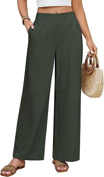 Pantaloni Donna Estivi Cotone Pantaloni Larghi Leggeri Pantalone Elastico Vita Pantaloni Eleganti Casual da Spiaggia Comodi Tinta Unita con Tasche - 1