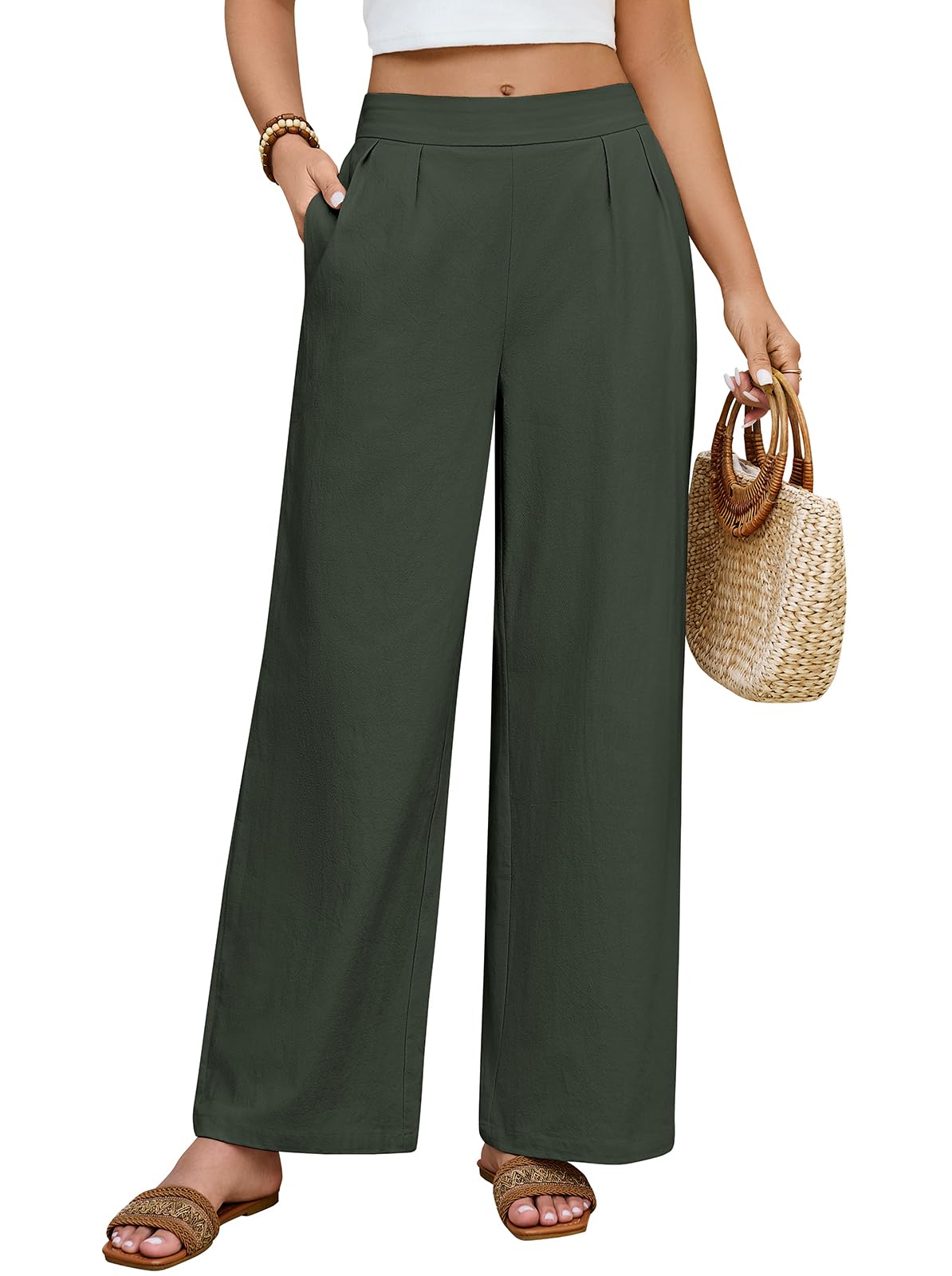 Pantaloni Donna Estivi Cotone Pantaloni Larghi Leggeri Pantalone Elastico Vita Pantaloni Eleganti Casual da Spiaggia Comodi Tinta Unita con Tasche