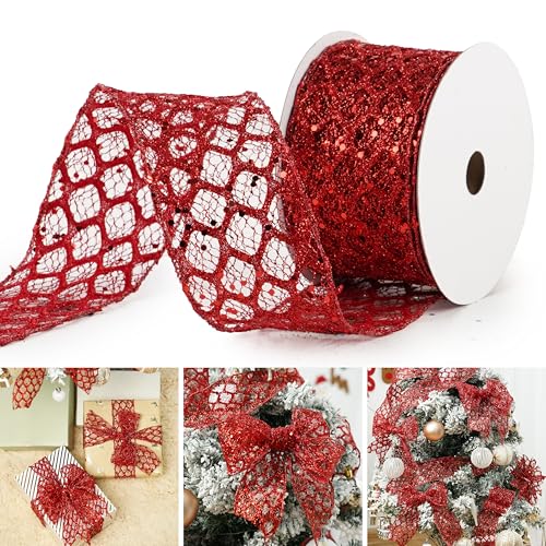 MAYREEL Red Mesh Wired Ribbon 2.5 Inch 10 Yards
