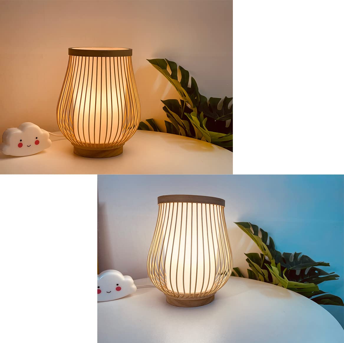 Lámparas de Escritorio, Lámpara de Mesa de Bambú Rústica, Bambú Natural, Fuente de Luz Led E27, 20 cm de Diámetro, Decoración para Sala de Estar.